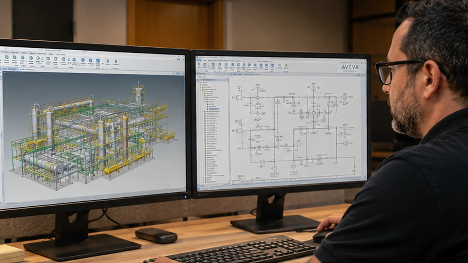 Posto AVEVA com diagramas, dados de modelo e validação técnica