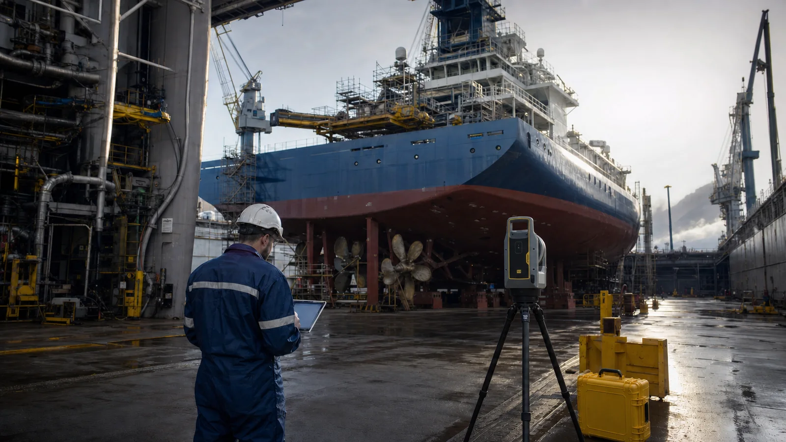 Naval shipyard context with Trimble X9 laser scanning equipment for engineering survey work