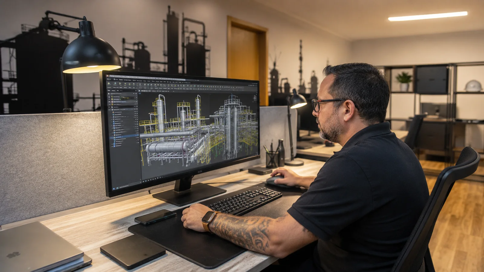 ED&MG technical workstation reviewing a 3D industrial engineering model