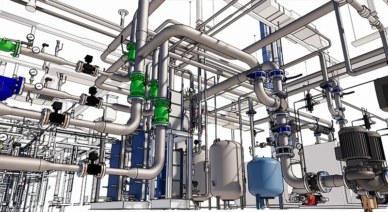 Modelo 3D detalhado de tubagem usado para coordenação BIM e revisão de engenharia